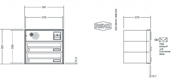 RENZ Briefkastenanlage Unterputz, Schattenfugenrahmen, Kastenformat 370x110x270mm, mit Klingel - & Lichttaster und Vorbereitung Gegensprechanlage, 2-teilig,